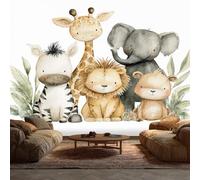 Safari Wallpaper Mural - Cartoon Lion Elephant Zebra Giraffe Wall Paper, Kids Nursery Safari Home Decor, Non-Woven Waterproof Wallpapers Bedroom Living Room, Feature Walls Mural 100x70 cm H18