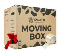 SAFARIPAK - 10 Pack Strong Large 52cm x 30cm x 30cm Reusable Cardboard Storage Packing Moving House Boxes with Carry Handles and Room List Checkboxes - 47 Litres Capacity - Inc. 66m Tape & Tape Gun