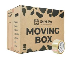 SAFARIPAK - 20 Pack Strong Large Reusable Cardboard Storage Packing Moving House Boxes 52cm x 30cm x 30cm with Carry Handles and Room List Checkboxes - 47 Litres Capacity - Inc. 66m Roll of Tape