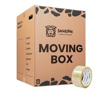 SAFARIPAK - 5 Pack Strong Tall Extra Large Cardboard Storage Packing Moving House Boxes 60cm x 44.5cm x 44cm with Carry Handles & Room List Checkboxes - 115 Litres Capacity - Inc 66m Roll of Tape