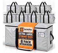 SAFARIPAK 8 Pack 90L Grey Moving Bags Heavy Duty Packing Boxes Storage Bag | Double Zip Opening, Wrap Around Carry Handles, Tear-Resistant Woven Construction, Label Pocket, Reusable Fold Flat Design