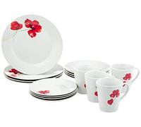 Safdie & Co. HK01927 Round Rim Ruby Poppi Dinnerware Set, Porcelain Bone China, White