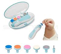 Safe Baby Nail File Clipper Set - Pro Electric Manicure Pedicure Trim Polish kit for Newborn or Toddler Toes - 5 Different Sander Pads + 1 Drill (2 AA Batteries not Included) - INPAY (Blue)