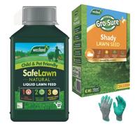 Safe Lawn Feed Seed Bundle with Westland Safe Liquid Feed 1L & Shady Lawn Seed 10 m2, 300g & 1 pr Gardening Gloves Medium - Lush Green Grass, Child & Pet Friendly
