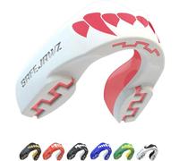 SAFEJAWZ Mouth Guard, Dual Layer Gum Shield for Juniors with Case, Easy Fit Remouldable Kids Gumshield for Rugby, Boxing, MMA, Hockey & All Contact Sports (Child <11 Years, Pink Fangz White)