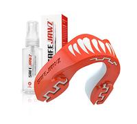 SAFEJAWZ Sports Mouthguard/Gum Shield, Case and Cleaner Spray 50ml Bundle for Rugby, Boxing, Martial Arts, Lacrosse and All Contact Sports - Adults and Junior (Red/White, Junior (<11))