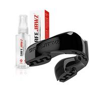 SAFEJAWZ Sports Mouthguard/Gum Shield, Case and Cleaner Spray 50ml Bundle for Rugby, Boxing, Martial Arts, Lacrosse and All Contact Sports - Adults and Junior (Black, Junior (<11))