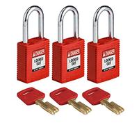 SafeKey Nylon/Steel Padlock, 38mm x 84mm x 19mm, Red, Pack of 3
