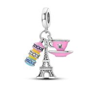 Safety Chain Nurse Mother Daughter Fatima Hamsa Star Love Charm Bead Pendant 925 Sterling Silver Compatible With Pandora Charm Moments Bracelet (Afternoon Tea Cup Macaroon Eiffel Tower Paris France)