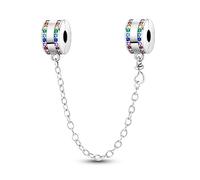 Safety Chain Wedding Mom Mum Newborn Lucky Rainbow Cat Charm Bead Pendant 925 Sterling Silver Compatible With Pandora Charm Moments Bracelet (Double Rainbow Crystal Safety Chain)