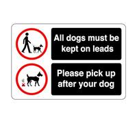 Safety First Display LTD All dogs must be kept on leads pick up after your dog sign - 1.2mm Rigid plastic for indoor/outdoor usage (150mm x 100mm) Viewing Distance within 3m.
