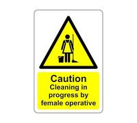 Safety First Display LTD Caution cleaning in progress by female operative sign - High tack self-adhesive sticker (200mm x 150mm) Viewing Distance within 5m.