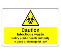 Safety First Display LTD Caution Infectious waste notify public health authority in case of damage or leak sign - High tack self-adhesive sticker (200mm x 150mm) Viewing Distance within 5m.