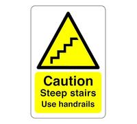 Safety First Display LTD Caution steep stairs use handrails sign - High tack self-adhesive sticker (400mm x 300mm) Viewing Distance within 14m.