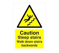 Safety First Display LTD Caution steep stairs walk down stairs backwards sign - High tack self-adhesive sticker (150mm x 100mm) Viewing Distance within 3m.