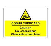 Safety First Display LTD COSHH cupboard caution toxic/hazardous chemicals store here sign - High tack self-adhesive sticker (300mm x 200mm) Viewing Distance within 7m.
