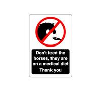 Safety First Display LTD Don't feed horses, they are on medical diet sign - 1.2mm Rigid plastic for indoor/outdoor usage (150mm x 100mm) Viewing Distance within 3m.