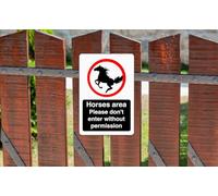 Safety First Display LTD Horses area please don't enter without permission sign - 1.2mm Rigid plastic for indoor/outdoor usage (150mm x 100mm) Viewing Distance within 3m.
