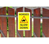 Safety First Display LTD Horses slow down sign - High tack self-adhesive sticker (150mm x 100mm) Viewing Distance within 3m.