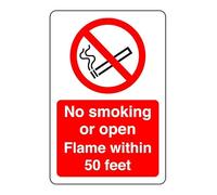 Safety First Display LTD No smoking or open Flame within 50 feet sign - 1.2mm Rigid plastic for indoor/outdoor usage (200mm x 150mm) Viewing Distance within 5m.