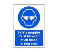 Safety goggles must be worn at all times in this area - safety sign, ppe, eye protection - 1.2mm Rigid plastic for indoor/outdoor usage (600mm x 400mm) Viewing Distance within 20m.