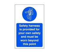 Safety harness is provided for your own safety and must be worn beyond this point - safety sign - High tack self-adhesive sticker (150mm x 100mm) Viewing Distance within 3m.
