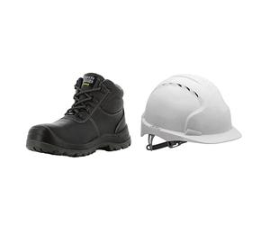Safety Jogger Safety Boot - Steel Toe Cap S3/S1P Unisex, Anti Slip Steel Sole, UK 9 EU 43, black Bundle with JSP EVO2 One Size Safety Helmet with Slip Ratchet, White, Vented, AJF030-000-100-AMZ