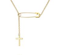 Safety Pin Necklace Link Small Dainty Cross Lariat Necklace Paperclip Paper Clip Cross Y Necklace for Women Men Jewelry Gift, Stainless Steel, No Gemstone