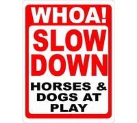 Safety Sign Notice Danger Warning Tin Sign Decor Whoa Slow Down Horses & Dogs at Play Sign Safety for Horse Stables & Pastures 8"x12"
