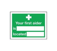 Safety Sign Your First Aider Is 150x200mm Self-Adhesive E42A/S