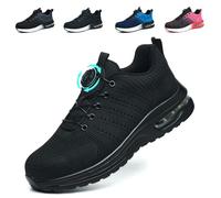 Safety Trainers Men Women Steel Toe Cap Work Shoes Lightweight Breathable Safety Shoes Non Slip Work Trainers with Swivel Buckle Shoelaces, Black, UK 5