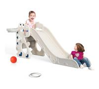 Safety upgrades kids slide, toddler baby slide with ring and basketball hoop, foldable for easy storage, indoor and outdoor (Dinosaur + ball frame + ring - beige and gray)