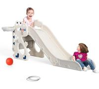Safety upgrades kids slidefor 1-3 years old, toddler slide with ring and basketball hoop, foldable slide, easy storage, indoor/outdoor/swimming pool (Slide+BallHoop+Rings-BeigeGray)