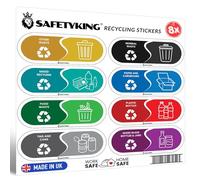 SAFETYKING® Recycling Stickers for Bins - 8pcs Vinyl Waste Self Adhesive Bin Labels, 15x6cm, Colour Coded Bin Stickers for Recycling & General Waste for use in Home, School, Office - Made in The UK