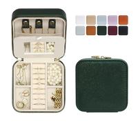 Saffiano Leather Travel Jewelry Box with Mirror | Portable Jewelry Zipper Case | Multi Compartments Jewelry Organizer for Women | Popular Gift Jewelry Box Rings Earrings Nacklaces (Forest Green)