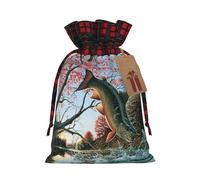 Safflower Flying Fish Christmas Drawstring Linen Gift Bag Paired With Scottish Plaid Fabric, With A Delicate And Simple Texture