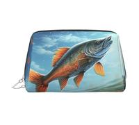 Safflower Flying Fish Makeup Bag for Women Cosmetic Bags Leather Travel Makeup Case Organizer Waterproof Make up Pouch Open Flat Toiletry Bag Portable Storage Pouch for Travelling, Silver, One Size