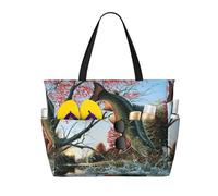 Safflower Flying Fish Print Large Waterproof Beach Tote Bag for Women with Zip and Pockets Foldable Handbag for Travel Pool Shopping Holiday Gym