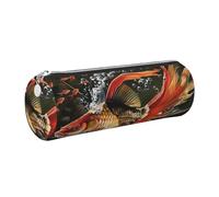 Safflower Flying Fish Printed Leather Pencil Case Cute Stationery Organizer Round Makeup Bag Pen Pouch, Silver Zipper