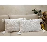 SAFFRON HANDICRAFTS Ruffle Cushion Covers Set of 2 - Handmade Frill Decorative Throw Pillow Covers - Boho Farmhouse Shabby Chic Cushion Covers with Tassels (White on white, 12x24 inch (30x60 cm))