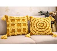 SAFFRON HANDICRAFTS Ruffle Cushion Covers Set of 2 - Handmade Frill Decorative Throw Pillow Covers - Boho Farmhouse Shabby Chic Cushion Covers with Tassels (Yellow on Mustard, 24x24 inch (60x60 cm))