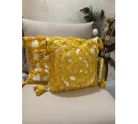 SAFFRON HANDICRAFTS Ruffle Cushion Covers Set of 2 - Handmade Frill Decorative Throw Pillow Covers - Boho Farmhouse Shabby Chic Cushion Covers with Tassels (Mustard on Ivory, 18x18 inch (45x45 cm))