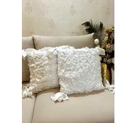 SAFFRON HANDICRAFTS Ruffle Cushion Covers Set of 2 - Handmade Frill Decorative Throw Pillow Covers - Boho Farmhouse Shabby Chic Cushion Covers with Tassels (White on white, 18x18 inch (45x45 cm))