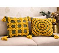 SAFFRON HANDICRAFTS Ruffle Cushion Covers Set of 2 - Handmade Frill Decorative Throw Pillow Covers - Boho Farmhouse Shabby Chic Cushion Covers with Tassels (Mustard on Olive, 18x18 inch (45x45 cm))