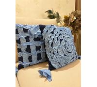 SAFFRON HANDICRAFTS Ruffle Cushion Covers Set of 2 - Handmade Frill Decorative Throw Pillow Covers - Boho Farmhouse Shabby Chic Cushion Covers with Tassels (Blue on Navy, 18x18 inch (45x45 cm))