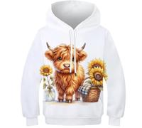 SAFGTXHTR Boys Girls Highland Cow Hoodies 3D Novelty Lovely Cartoon Long Sleeve Hooded Jumper Lovely Lovely Cartoon Clothes with Pocket for 6-15years 10-12Y