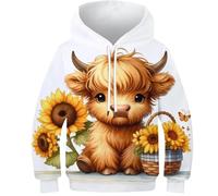 SAFGTXHTR Unisex Highland Cow Hoodies 3D Novelty Lovely Cartoon Long Sleeve Toddler Hooded Lovely Lovely Cartoon Clothes with Pocket for 6-15years 7-9Y