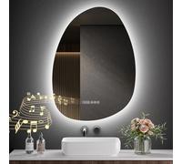S'AFIELINA Asymmetrical Bathroom Mirror with Bluetooth, Anti-Fog, 3 Colors Adjustable Light, Time & Temperature Display, Memory Function, IP44 Waterproof Backlit LED Mirror with Lights, 75 x 55 cm