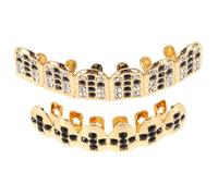 SAFIGLE 1 Set Fake Grills For Men Teeth: Vampire Cosplay Costume Golden Plated Rhinestone Mouth Grills Bottom Top Bling Tooth Caps For Rapper Women Jewelry Halloween Party