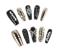 SAFIGLE 10pcs Black Goth Press Fake Nails Long Coffin Shape Full Cover Reusable False Nail Tips for Halloween Party Butterfly Art
